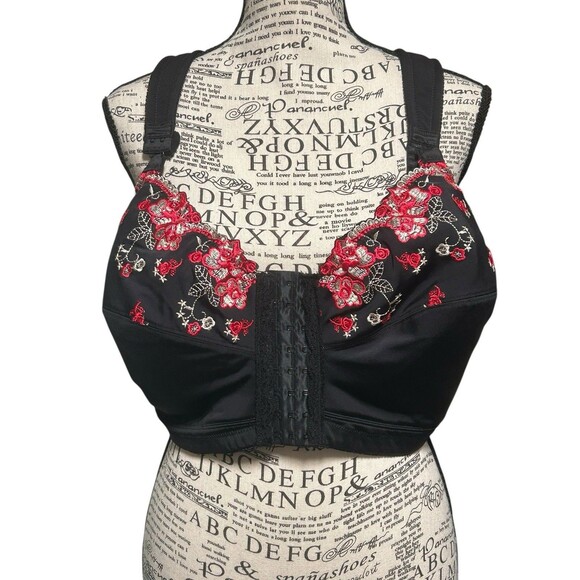 Unbranded Size 95G Bra Black Rose Embroidered Front Opening Strap Eye Hooks - Picture 1 of 8